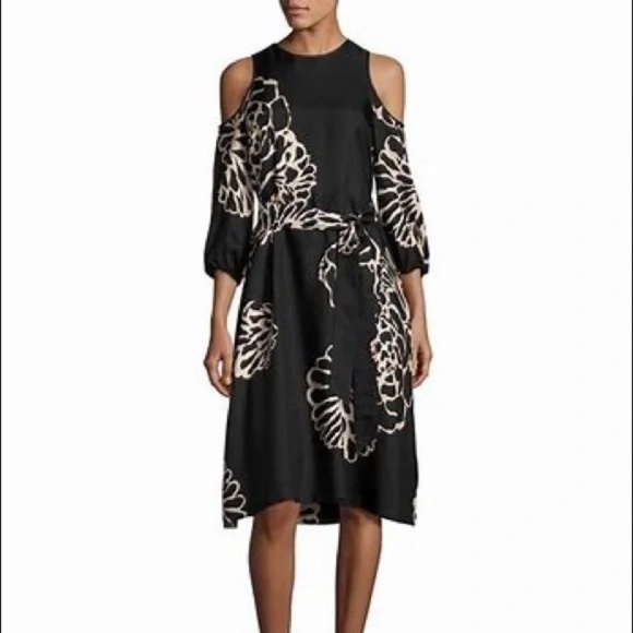 Tibi Orla Bloom Cold Shoulder Silk Dress - Black US4 - Picture 1 of 8